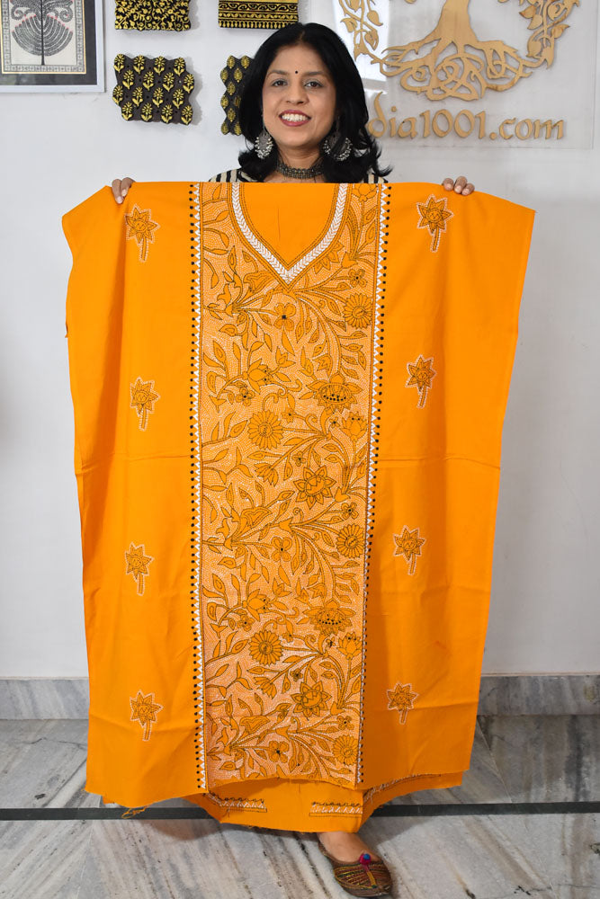 Hand Embroidered Kantha work cotton fabric - (Length 2.8 mtrs )