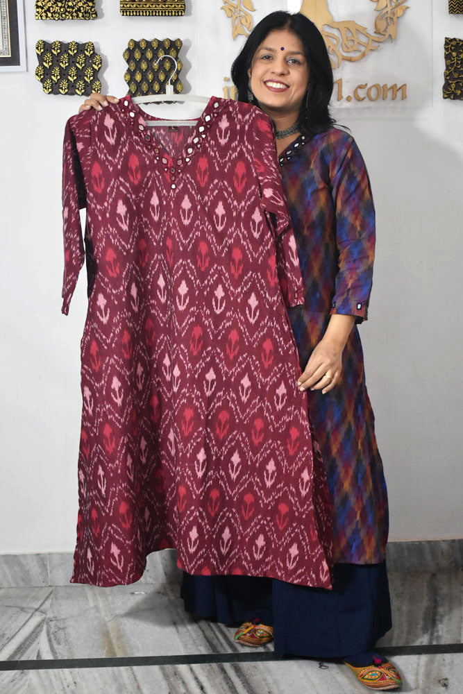 Designer Handwoven Ikkat pure cotton Kurta With Kutch Mirror Work - Size 36 to 46 ( all sizes)