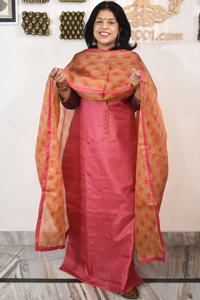 Semi Stitched Block Printed Tussar Silk Dupatta  & Tussar Kurta Fabric