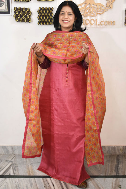 Semi Stitched Block Printed Tussar Silk Dupatta  & Tussar Kurta Fabric