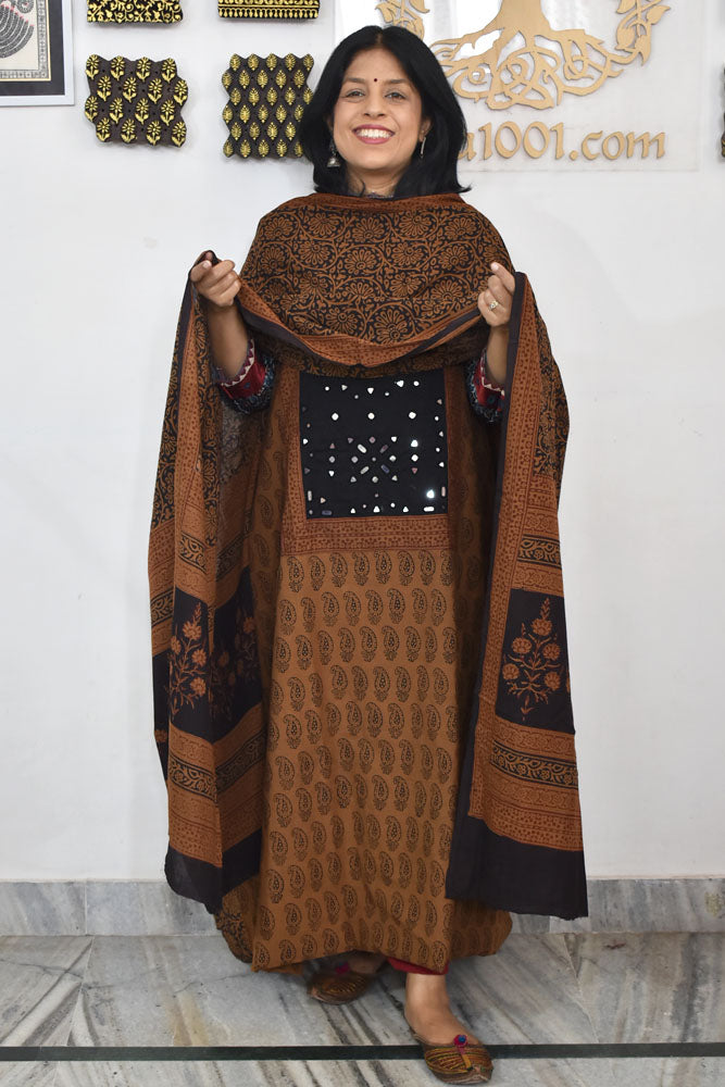 Bagh Hand Block Printed unstitched 3 pc Cotton suit fabric with Kutch Mirror Work