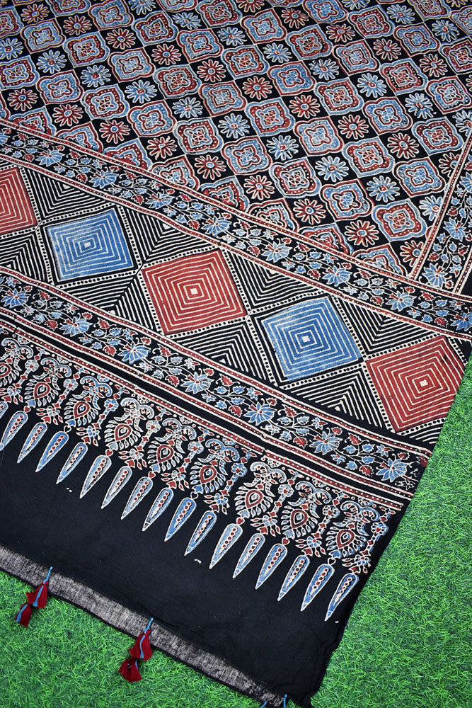 Ajrakh Hand Block Printed Khadi Cotton Dupatta with Tassels & natural dyes