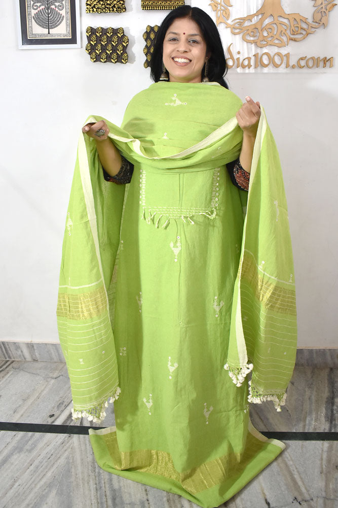 Premium Handwoven Kala Cotton Bhujodi suits with Mirror Work - 3 pc set