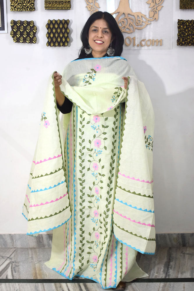 Elegant Kota Unstitched Kurta & Dupatta set with Hand done Phool patti work and Applique border