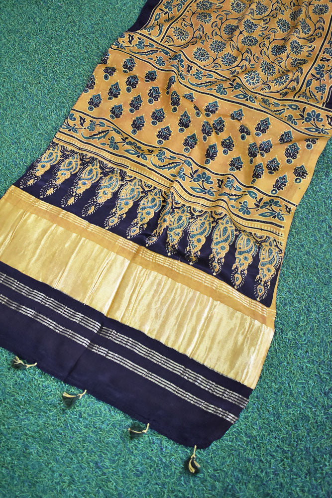 Beautiful Ajrakh Modal Silk Hand block Printed Stole with lagdi patta