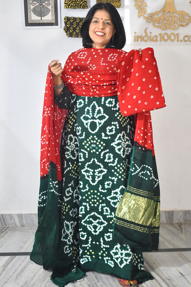 Tie & Dye Kutch Bandhani modal silk Unstitched Suit with Bandhani Bottom