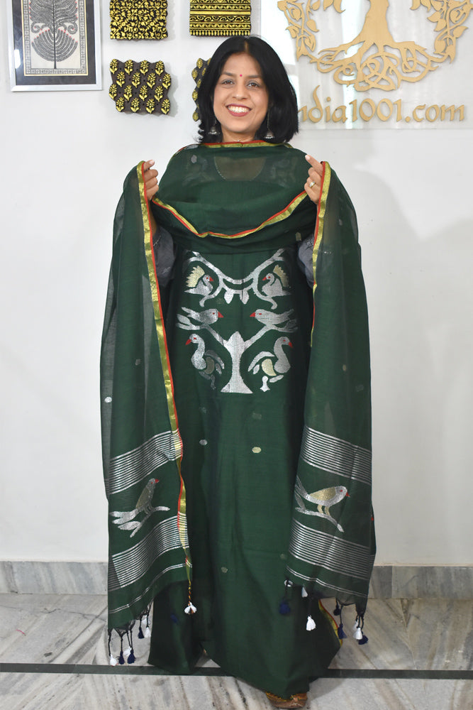 Kalakriti : Beautiful Hand Woven Soft Cotton Needle Jamdani Kurta Fabric & Dupatta set
