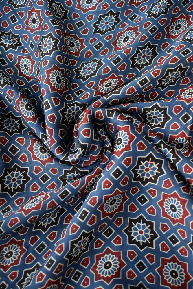 Beautiful Modal Silk Ajrakh Hand Block Print Fabric - 2.5 mtrs cut