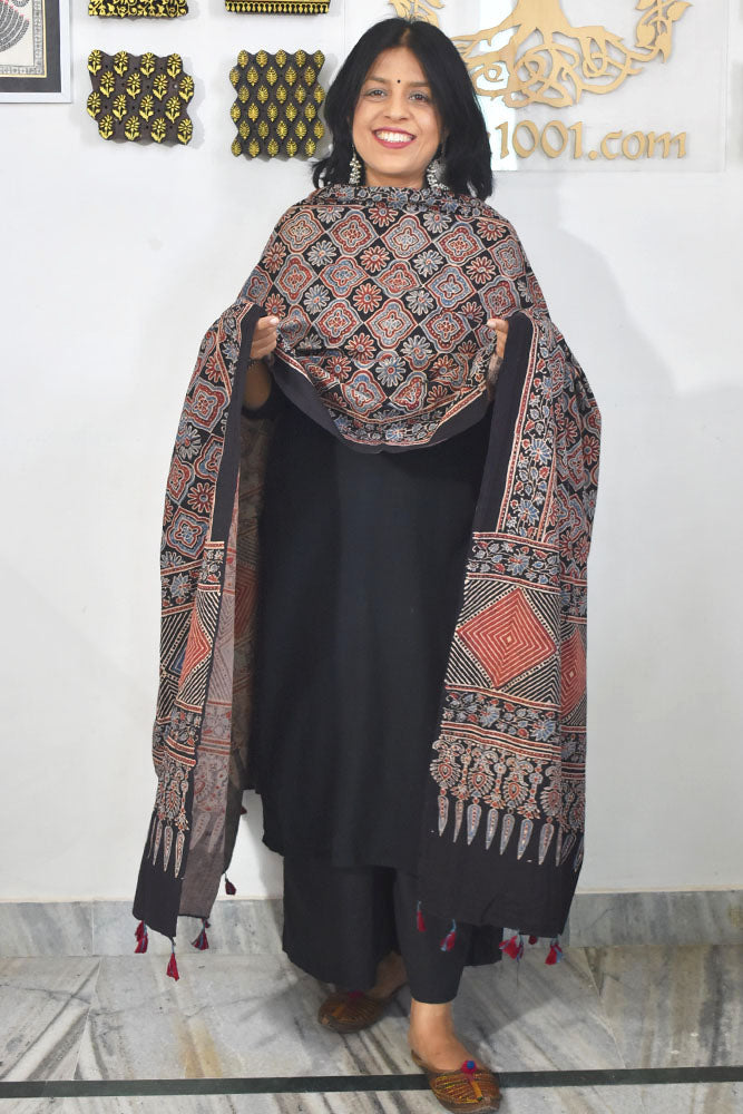 Ajrakh Hand Block Printed Khadi Cotton Dupatta with Tassels & natural dyes