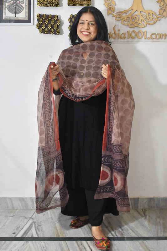 Hand Block Printed Kota Doria Cotton Dupatta with zari border