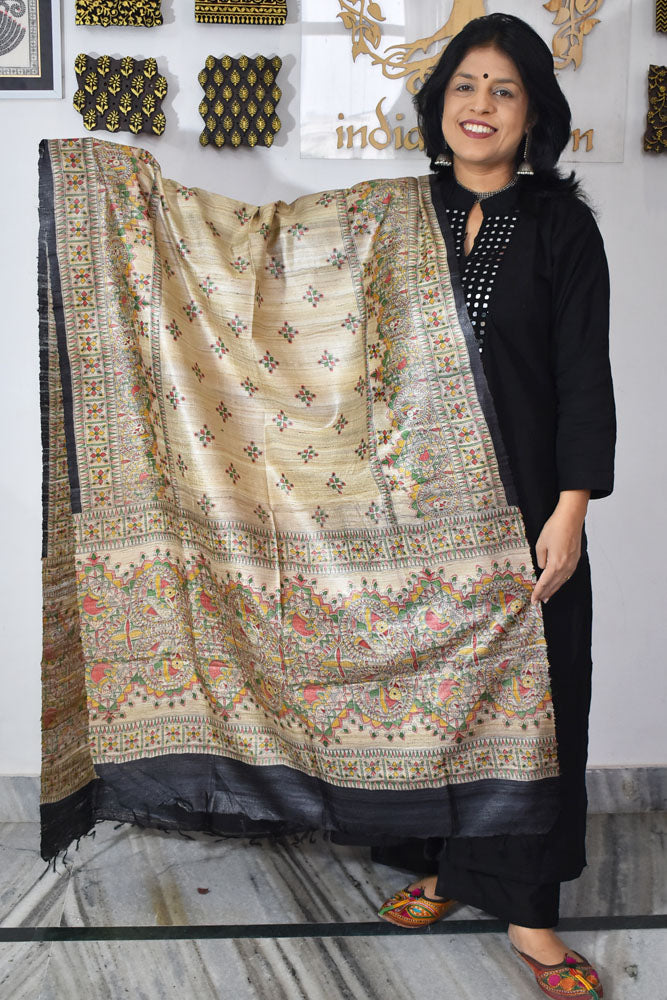 Geecha Silk Dupatta with printed Madhubani patterns