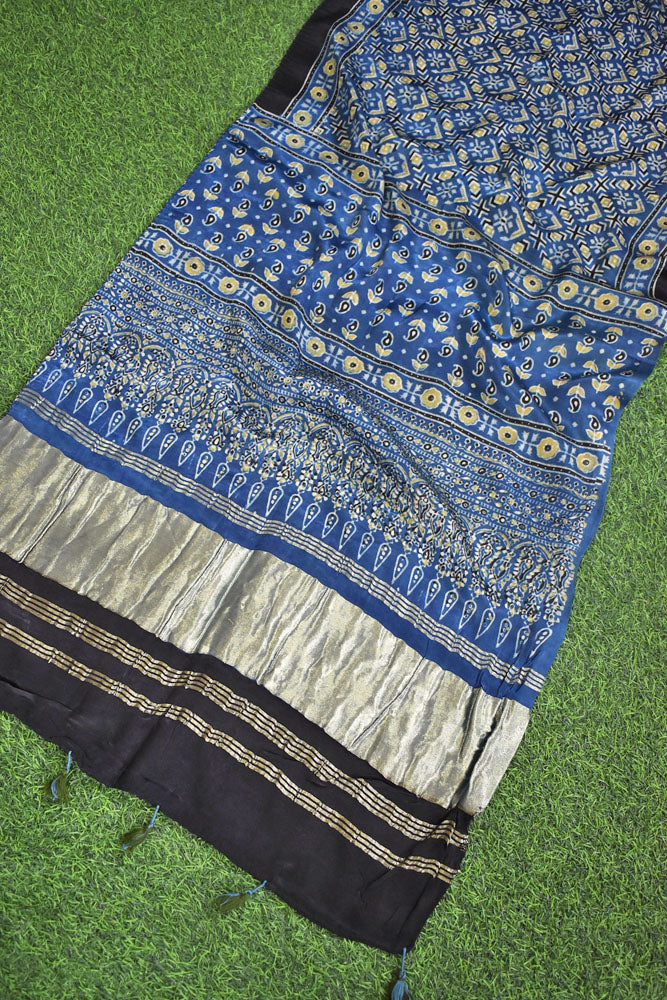 Beautiful Ajrakh Modal Silk Hand block Printed Stole with lagdi patta