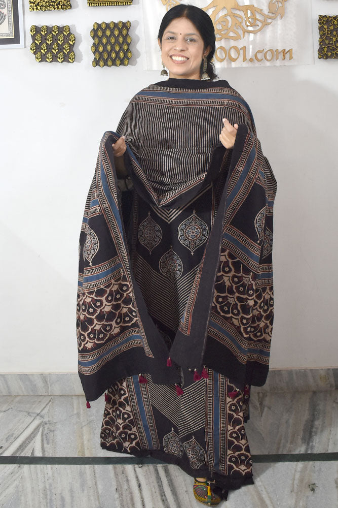 Premium Handwoven Kala Cotton Bhujodi suits with Ajrakh Hand Block Print - 2 pc set