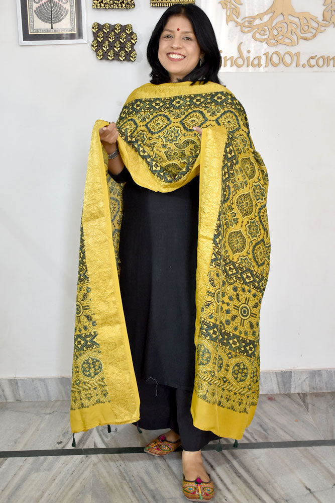 Beautiful Ajrakh Dola Silk Hand Block Print Dupatta with Tassels