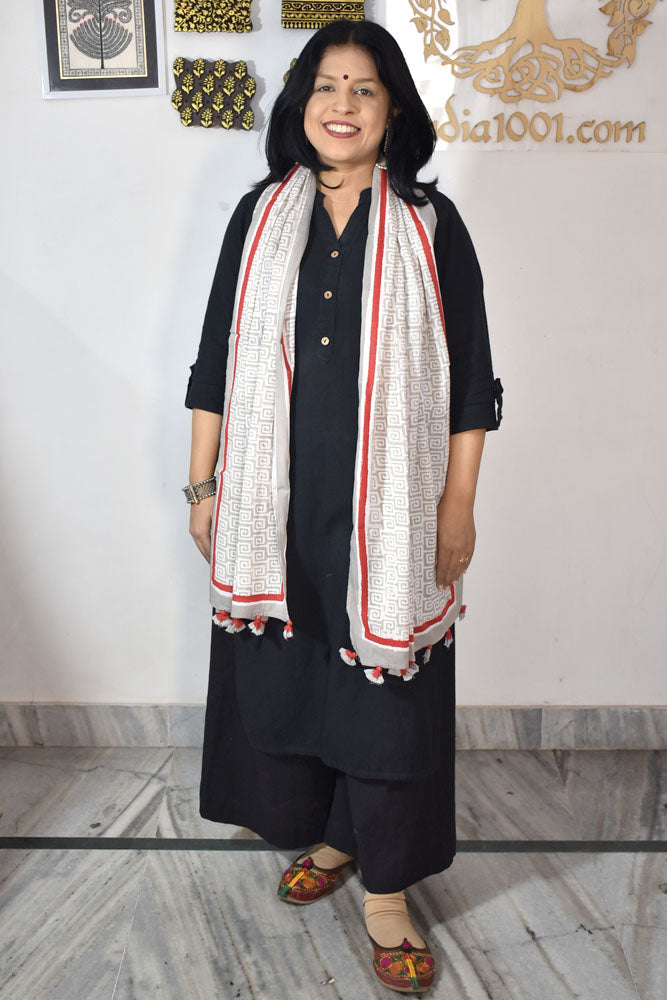 Elegant Hand block printed Cotton stole with cloth tassels