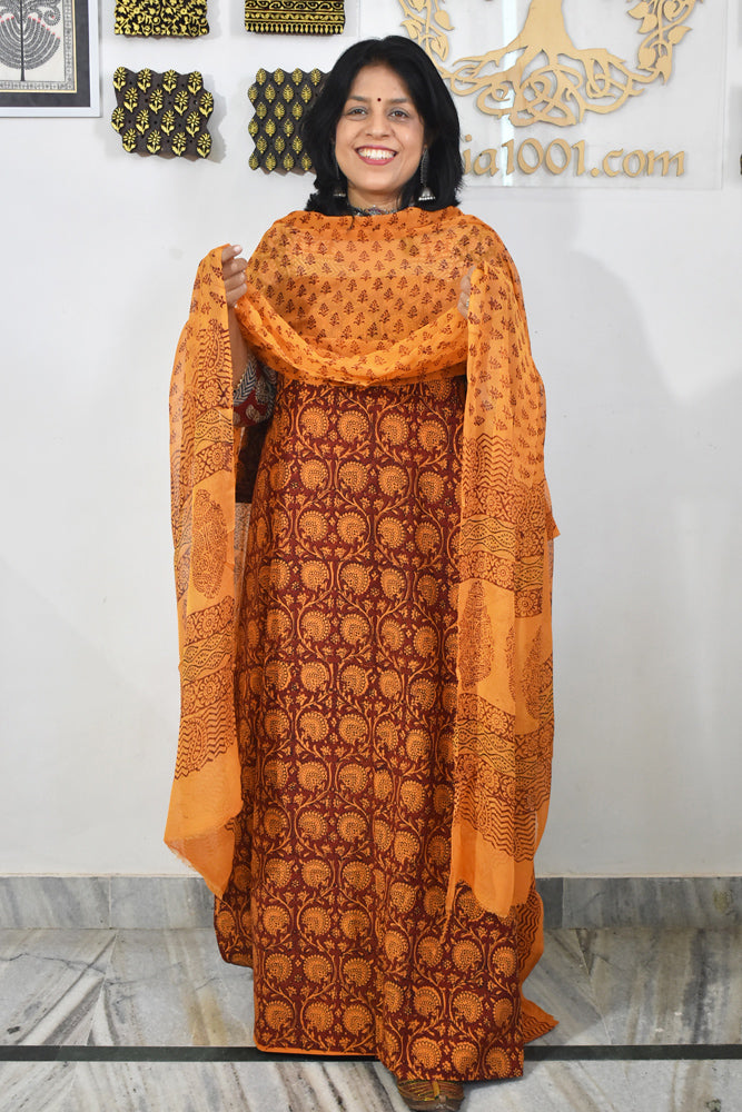 Classic Bagh Block Printed unstitched suit fabric with chiffon dupatta