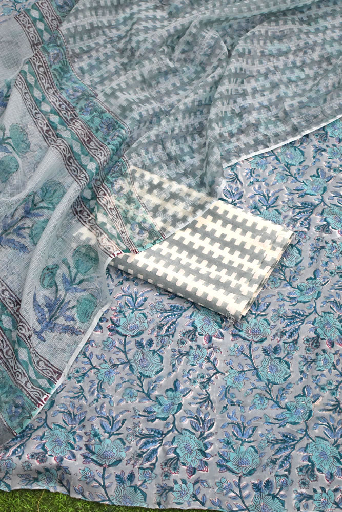 Designer Hand Block Placement Print Cotton suit with Kota dupatta and panel design