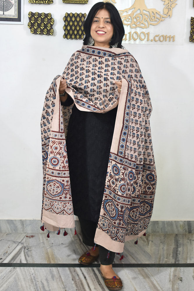 Ajrakh Hand Block Printed Cotton Dupatta with Tassels & natural dyes