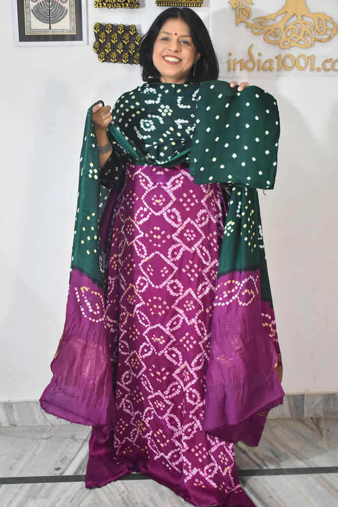 Tie & Dye Kutch Bandhani modal silk Unstitched Suit with Bandhani Bottom