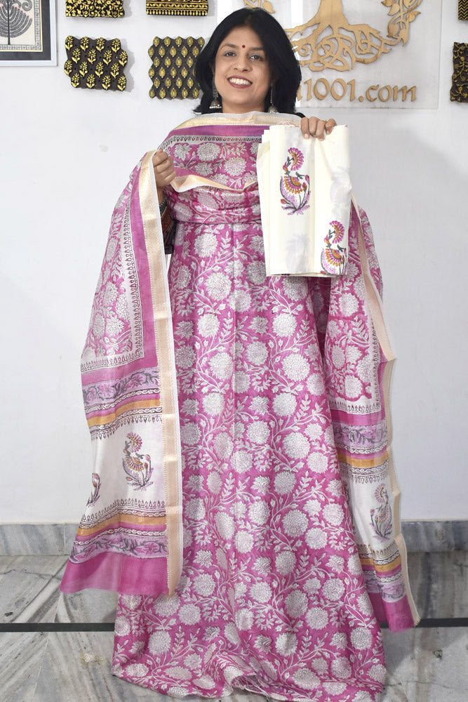 Beautiful Hand Block Printed Maheshwari Silk Cotton Unstitched suit fabric - 3 pc set