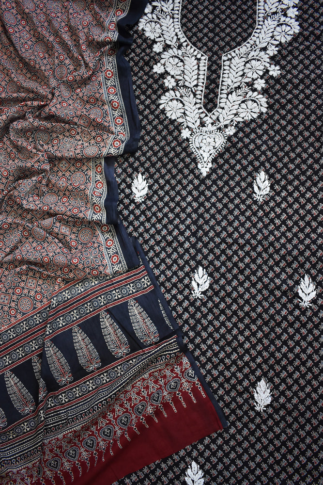 Barmer Ajrakh Cotton kurta with Chikankari work & Ajrakh Cotton dupatta - 2 pc set