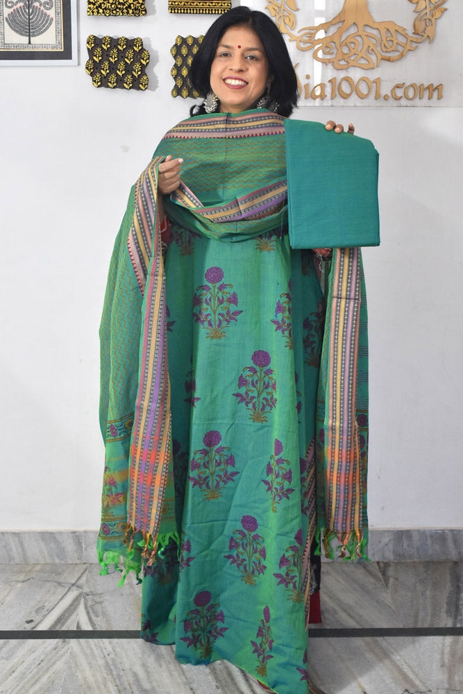 Beautiful Handwoven Chettinad Cotton suit with Hand block print Dupatta