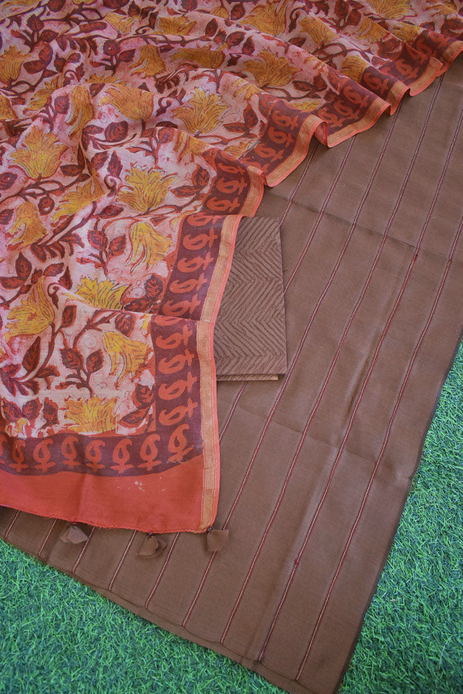Elegant Chanderi & Cotton Unstitched Suit with Vanaspati Ajrakh Block print dupatta