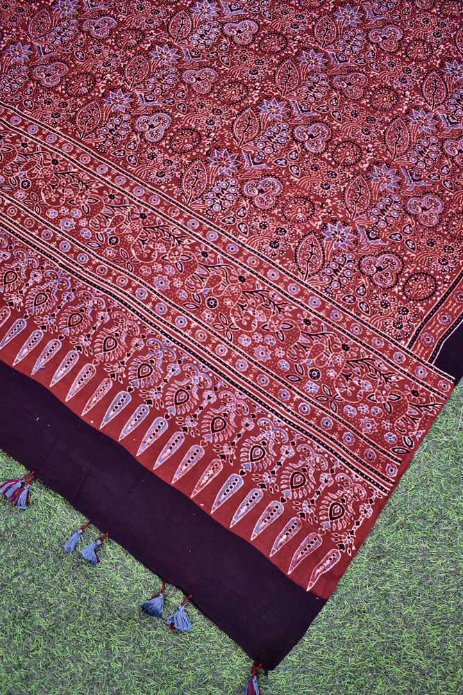 Ajrakh Hand Block Printed Khadi Cotton Dupatta with Tassels & natural dyes