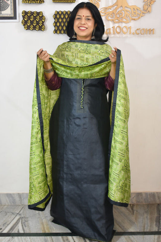 Semi Stitched Block Printed Tussar Silk Dupatta  & Tussar Kurta Fabric