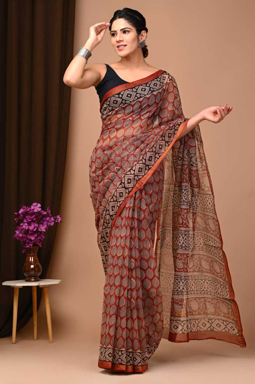 Beautiful Hand Block Printed Kota cotton Saree with zari border