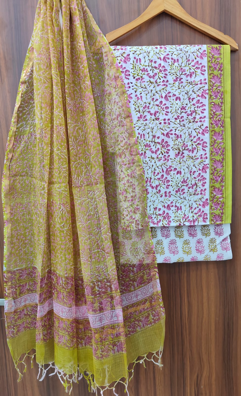 Beautiful Hand Block Printed Cotton unstitched suit fabric with Kota Doria Dupatta
