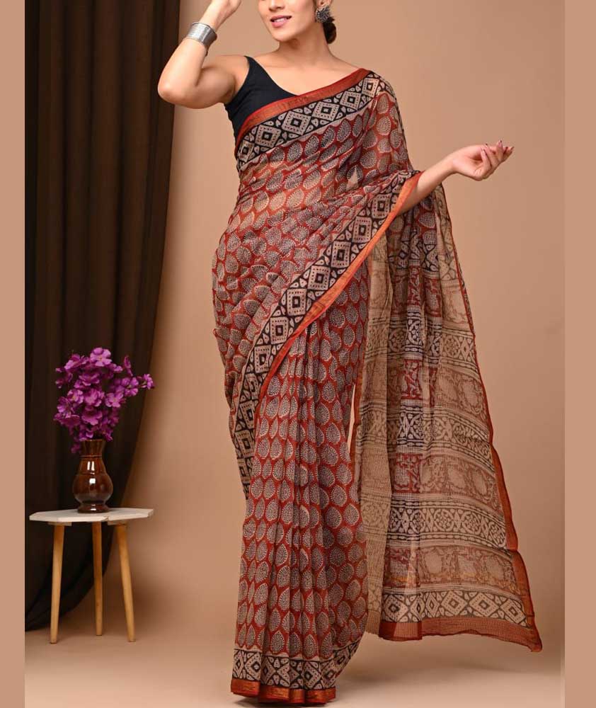 Beautiful Hand Block Printed Kota cotton Saree with zari border
