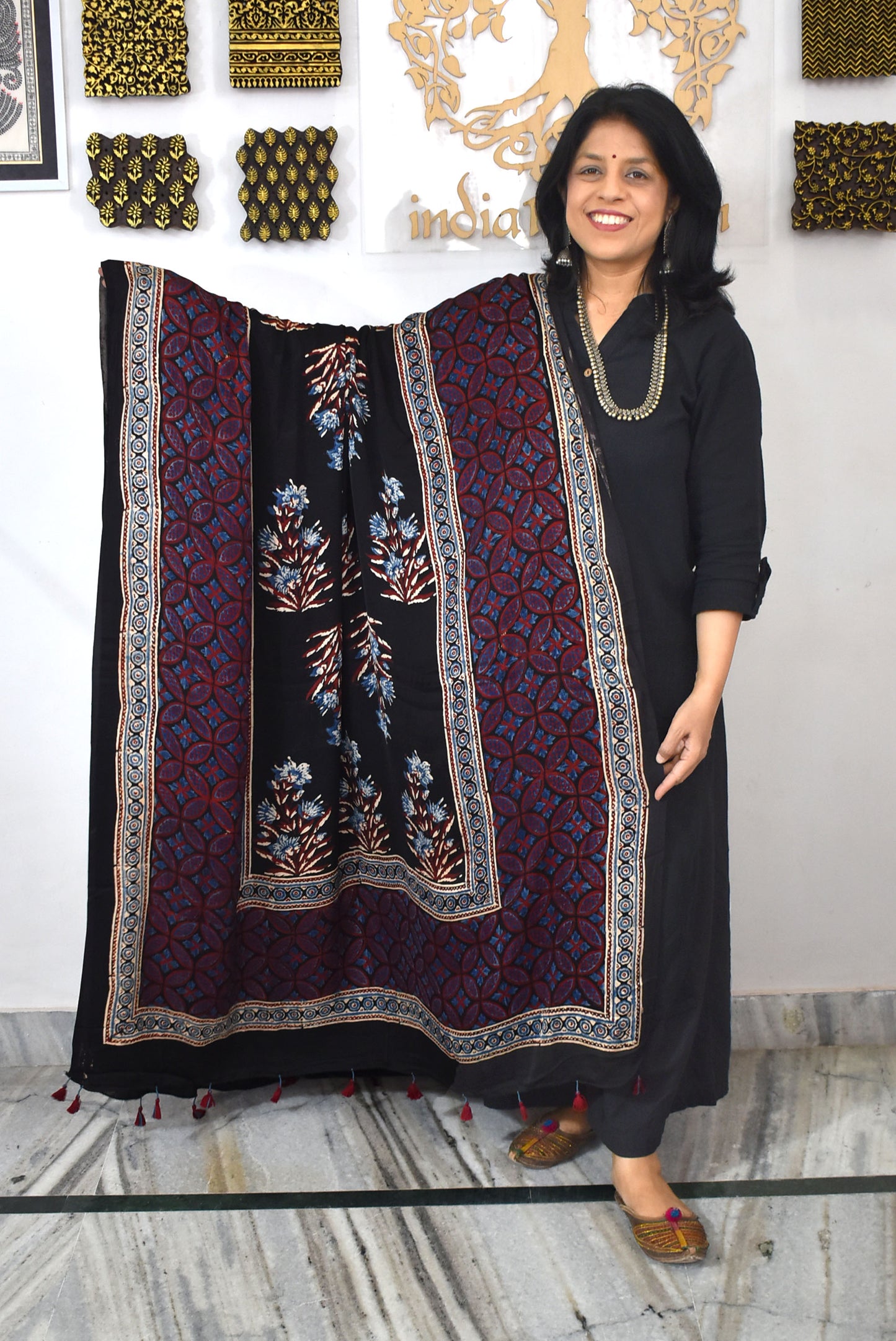 Designer Modal Silk Ajrakh Block Print Dupatta with tassels