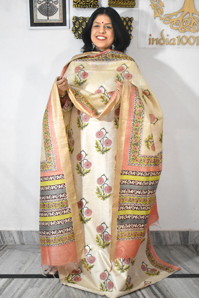Elegant Hand Block printed Moonga Tussar Silk Kurta Dupatta Set