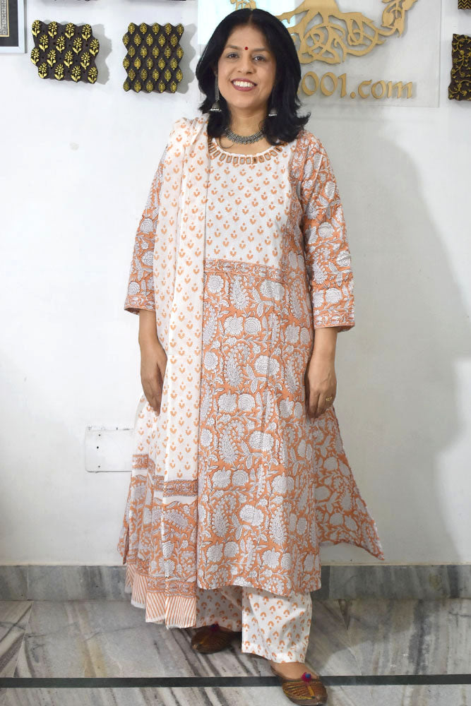 Hand Block Printed stitched 3 pc Cotton suit with Kutch Mirror Work
