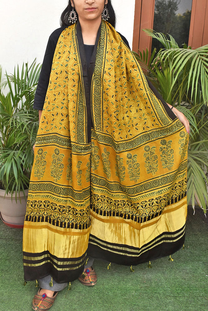 Beautiful Ajrakh Modal Silk Hand block Printed Stole with lagdi patta