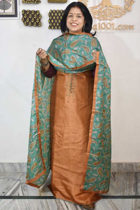 Semi Stitched Block Printed Tussar Silk Dupatta  & Tussar Kurta Fabric