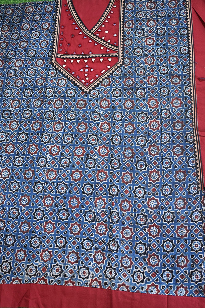 Designer Ajrakh Cotton Short Kurta Fabric with Kutch Mirror Work patch