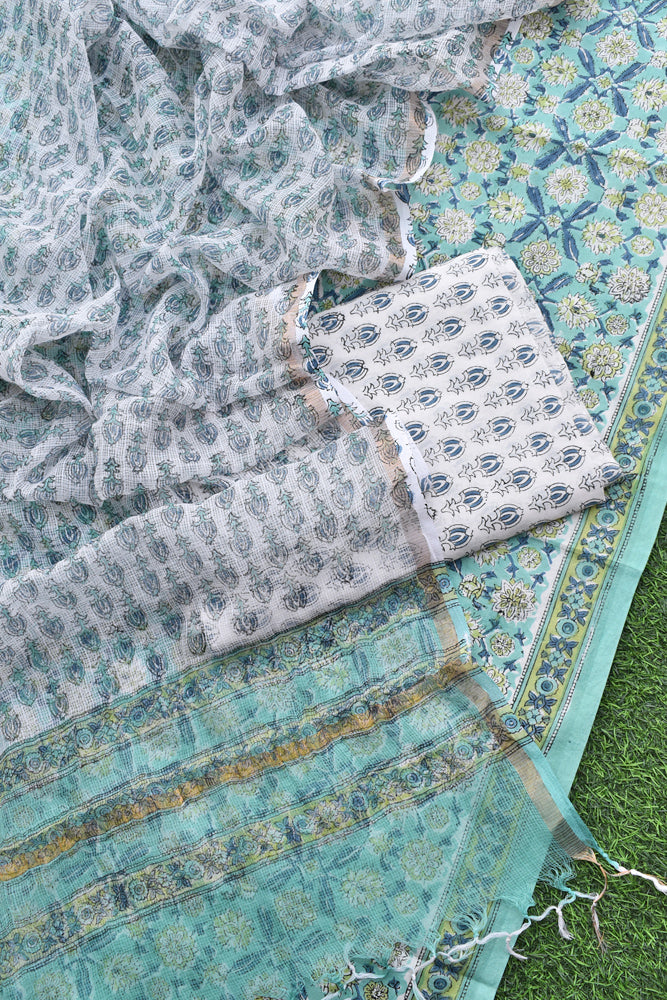 Beautiful Hand Block Printed Cotton unstitched suit fabric with Kota Doria Dupatta