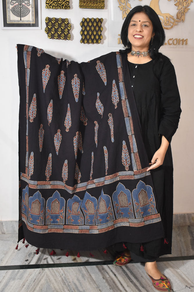 Ajrakh Hand Block Printed Cotton Dupatta with Tassels & natural dyes