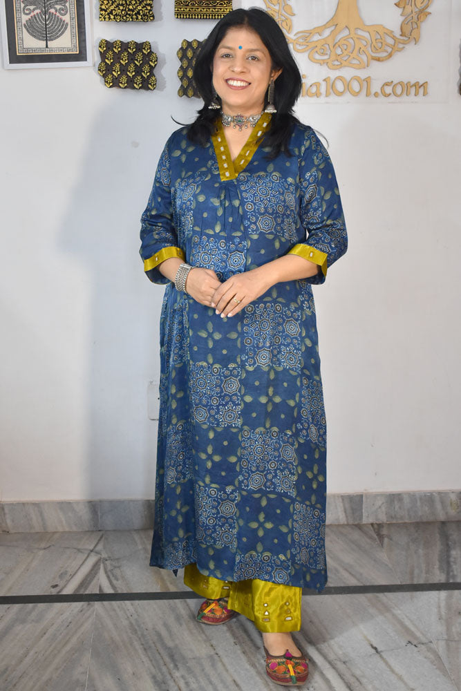 Beautiful Ajrakh Modal Silk Kurta with Kutch Mirror Work size - 38 - 44