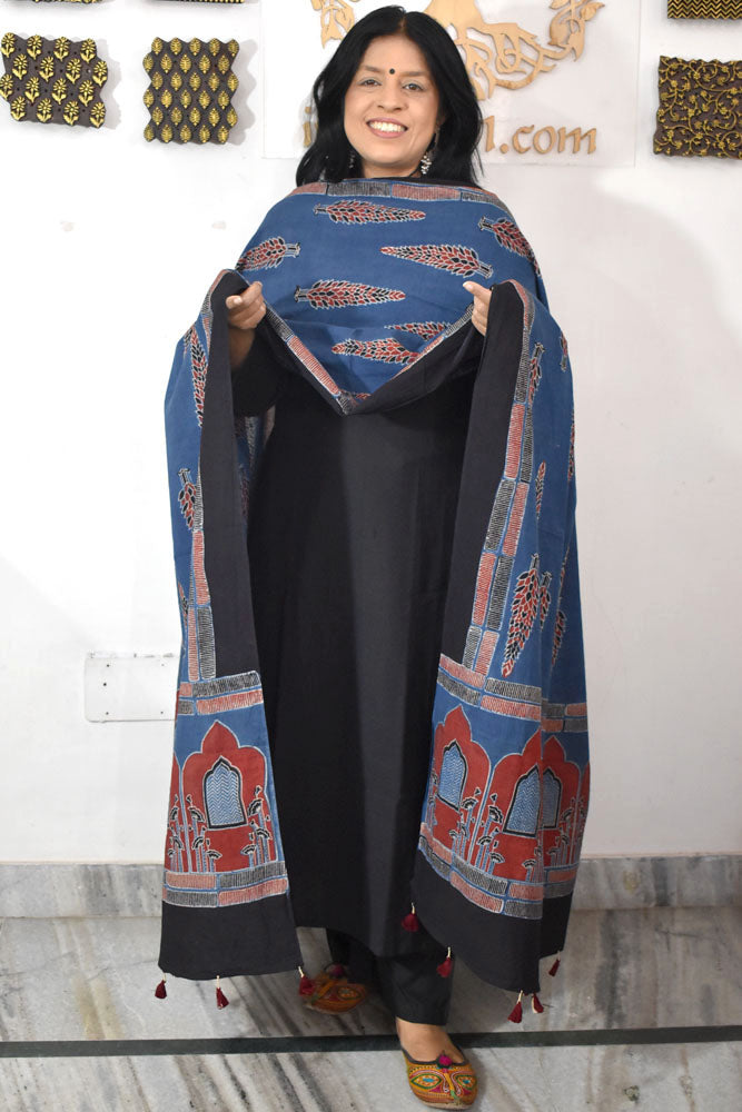Ajrakh Hand Block Printed Cotton Dupatta with Tassels & natural dyes