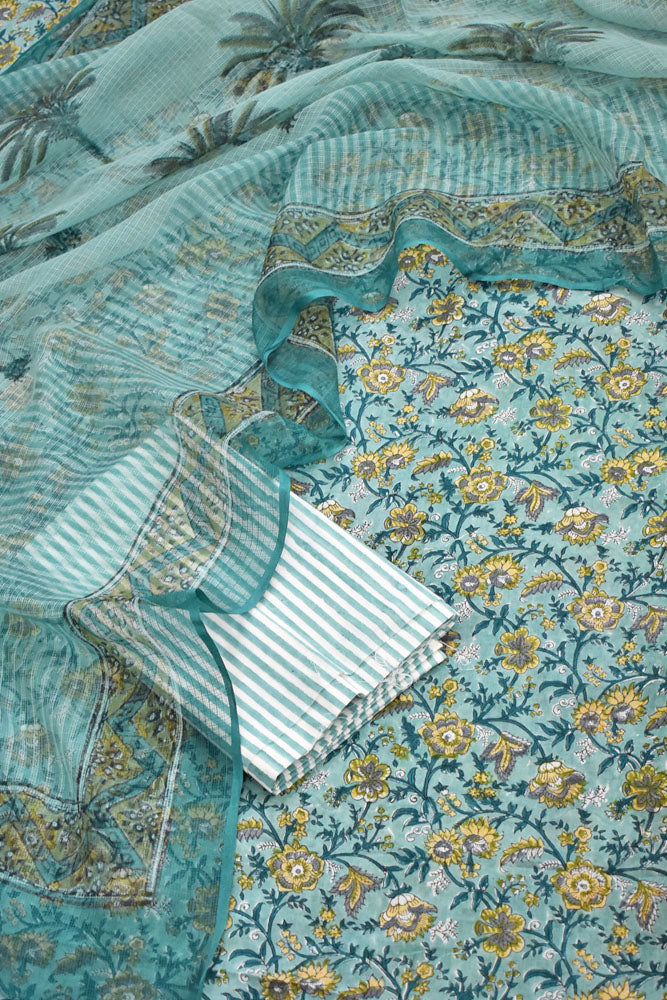 Designer Hand Block Placement Print Cotton suit with Kota dupatta and panel design