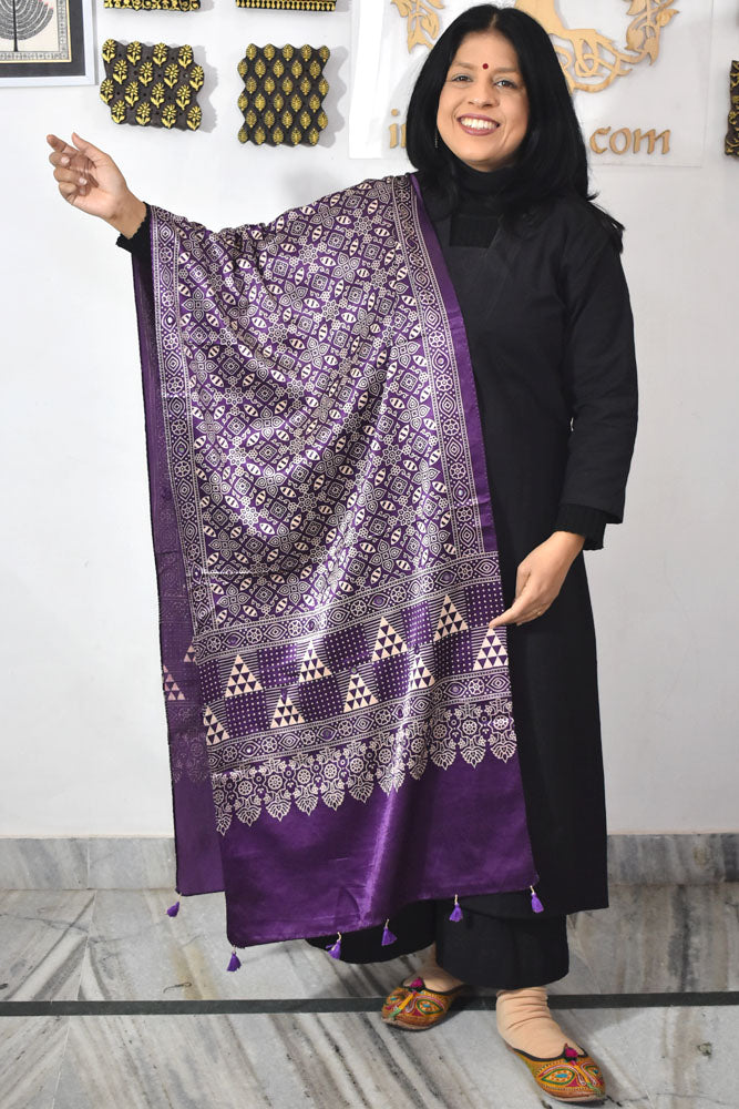 Beautiful Hand Block Printed Ajrakh Mashru Silk stole with Mirror Work