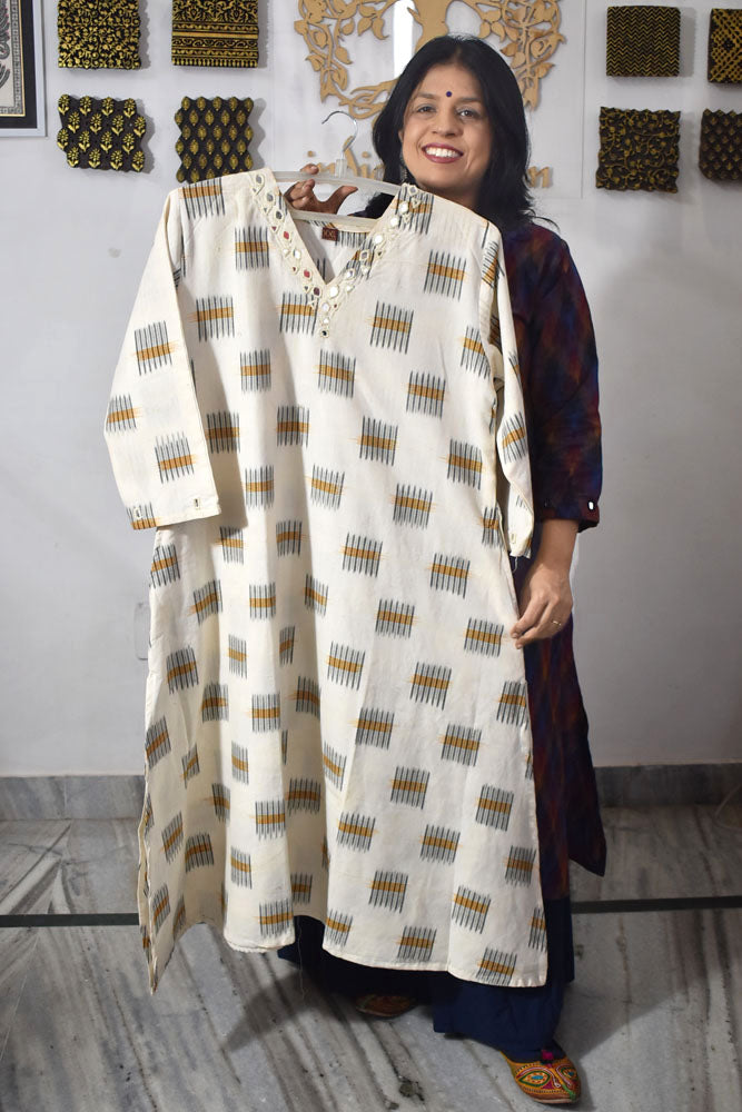 Designer Handwoven Ikkat pure cotton Kurta With Kutch Mirror Work - Size 36 to 46 ( all sizes)