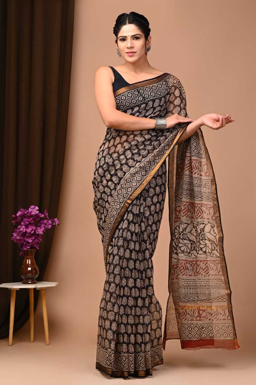 Beautiful Hand Block Printed Kota cotton Saree with zari border