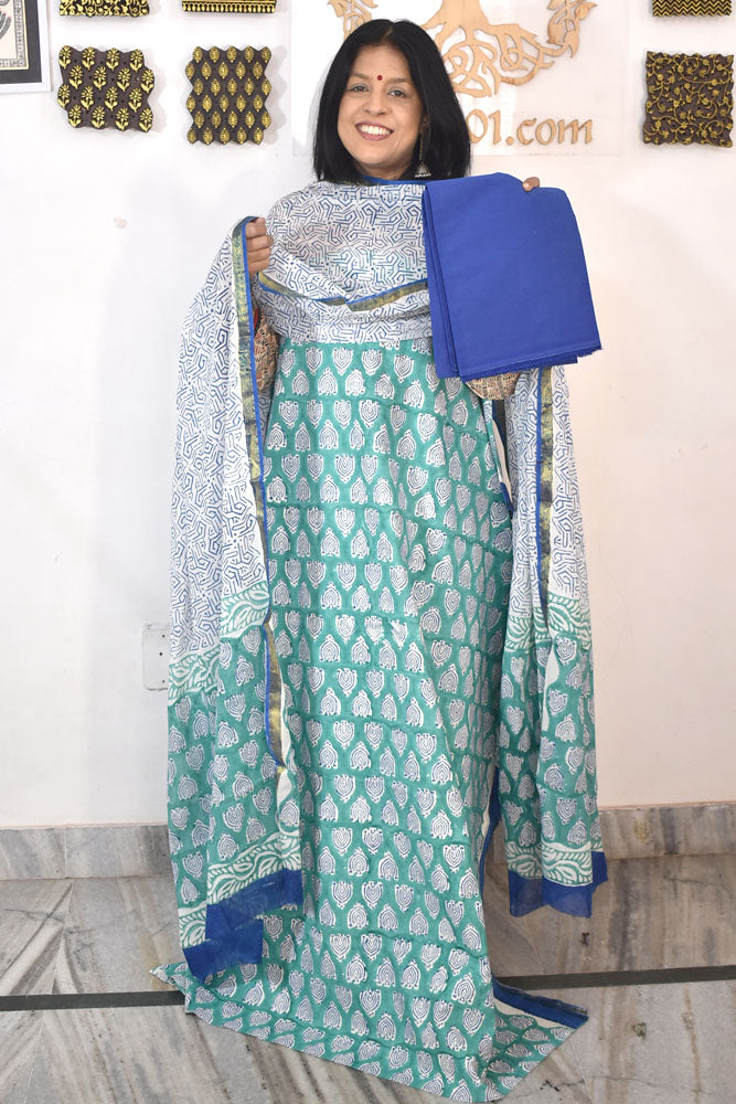 Beautiful Hand Block Printed Cotton unstitched suit fabric with Woven Borders Cotton dupatta