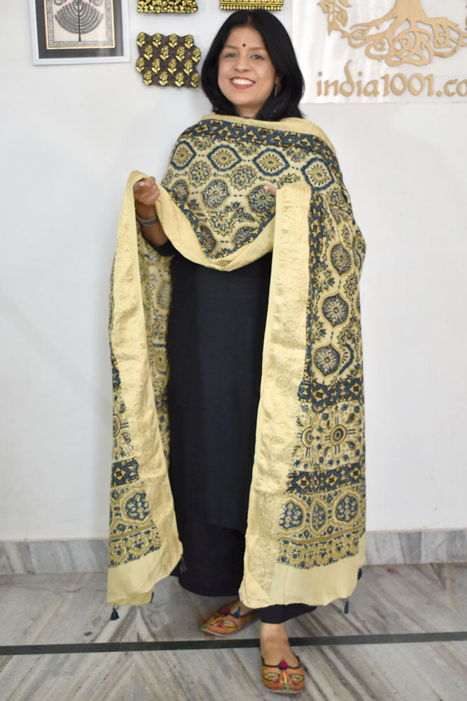 Beautiful Ajrakh Dola Silk Hand Block Print Dupatta with Tassels