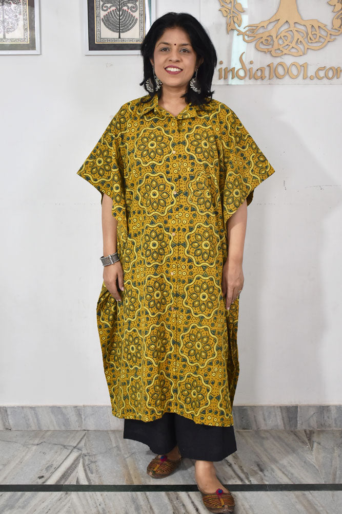 Beautiful Hand Block Printed Ajrakh Kaftan, Can fit till size 48