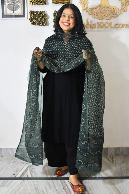 Hand Block Printed Kota Doria Cotton Dupatta with zari border